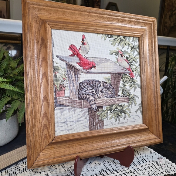 Finished Cross Stitch Cat Cardinal Art 14" Frame Needle Treasures Caught Napping - Picture 3 of 9